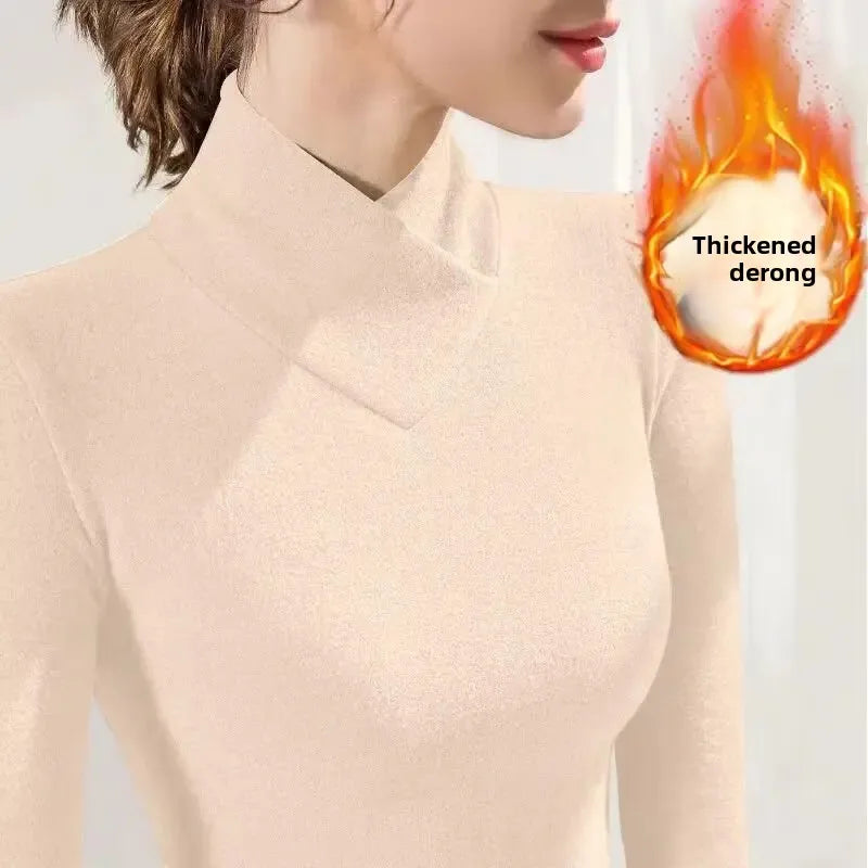 Damen-Shirts aus dickem Fleece mit V-Ausschnitt und halbhohem Kragen