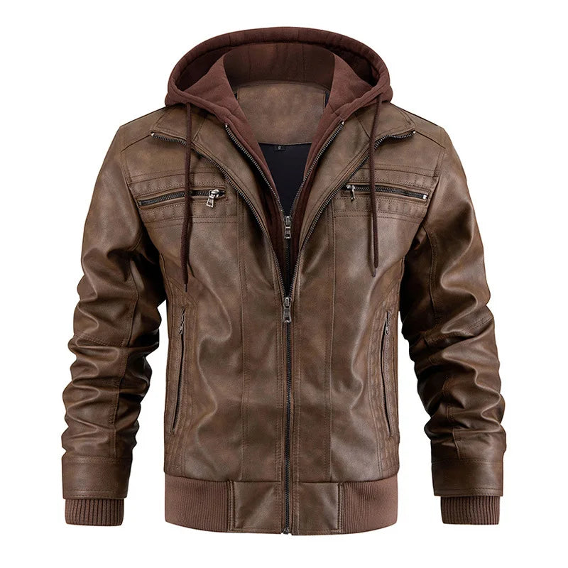 Slim Fit Motorradjacke aus Leder mit Kapuze