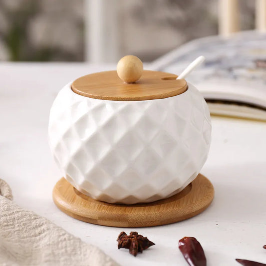 Wooden Lid Ceramic Seasoning Jars Set