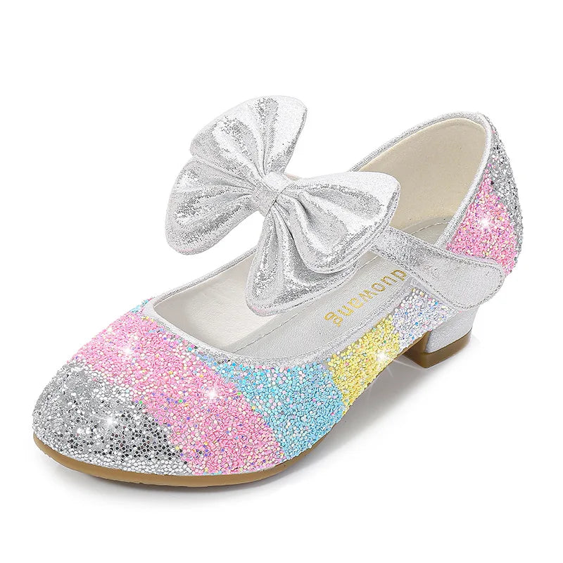 Girls Leather Glitter Bow Heeled Sandals