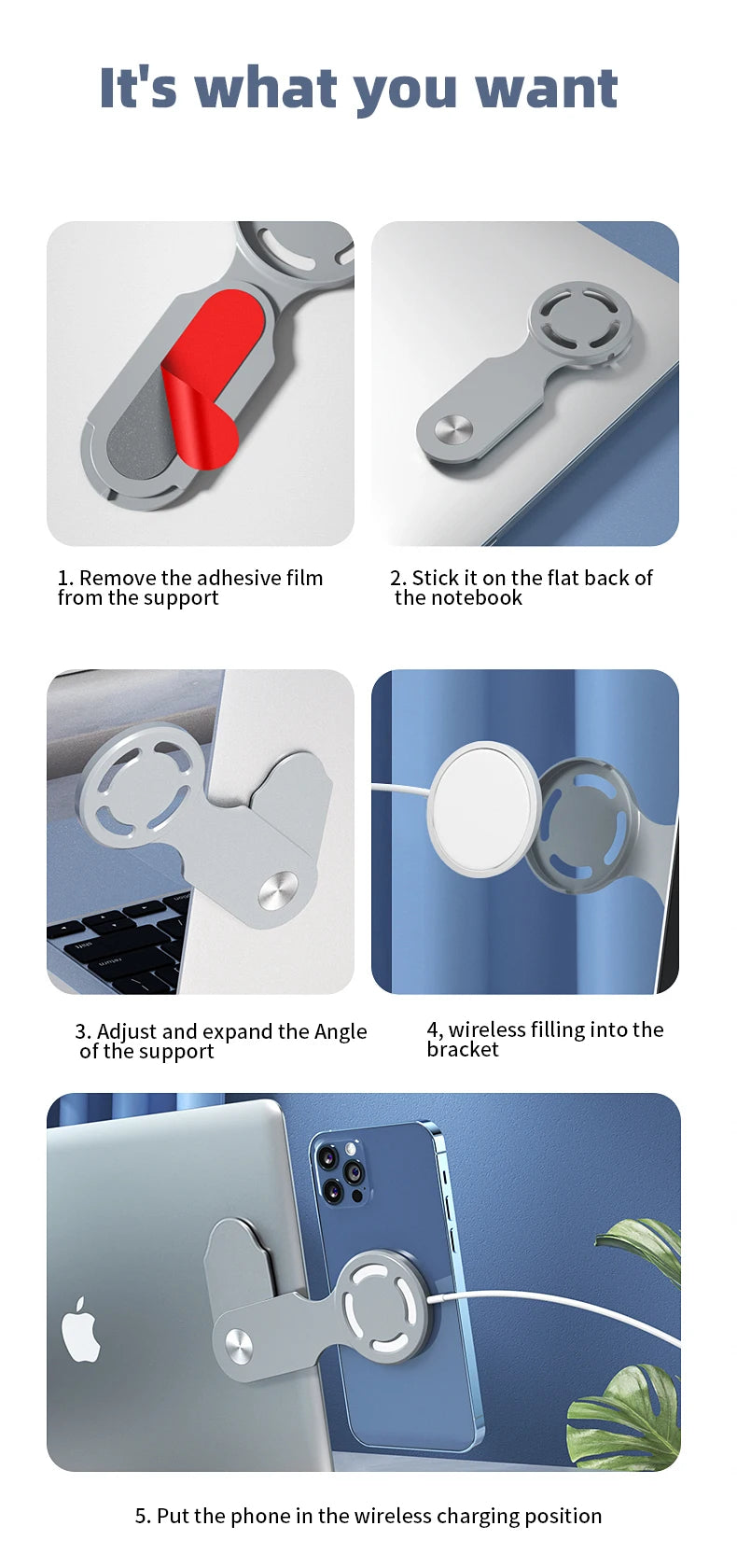 Laptop Side Phone Holder and magnetic Wireless Charging Stand