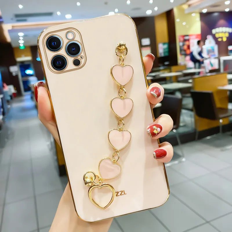 Fashion Plating Love Heart Bracelet Chain Case For iPhone 15