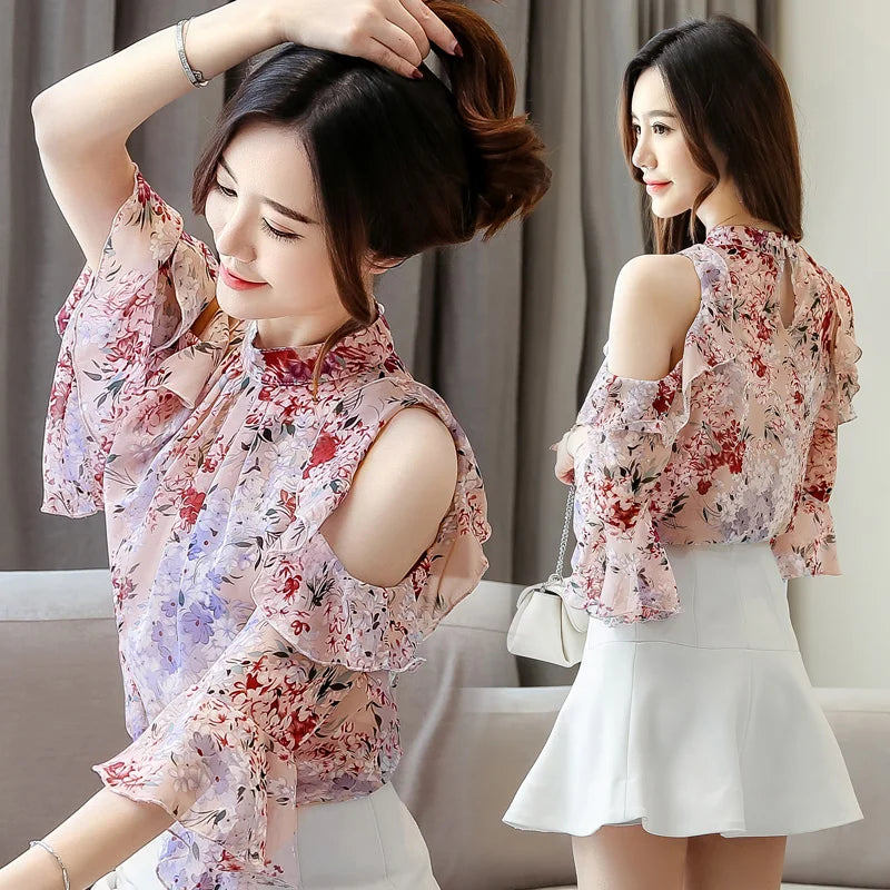 Chiffon Floral Prints Tops With Butterfly Sleeves