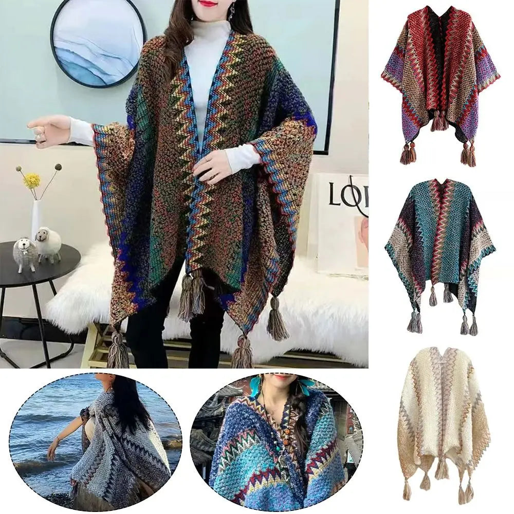 Ethnic Style Mongolian Knitted Poncho for Winter