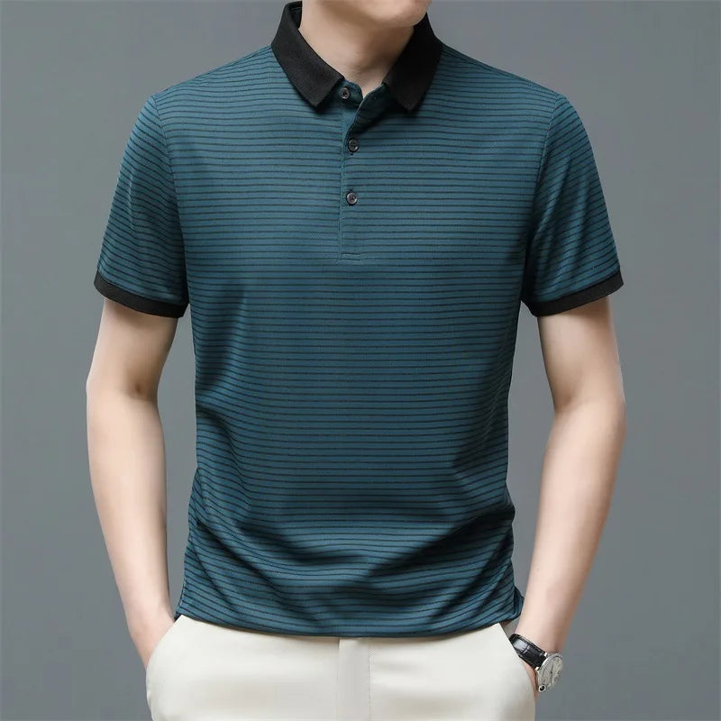 Brown Summer Striped Turn-Down Collar Men's T-Shirt, Business Casual Golf