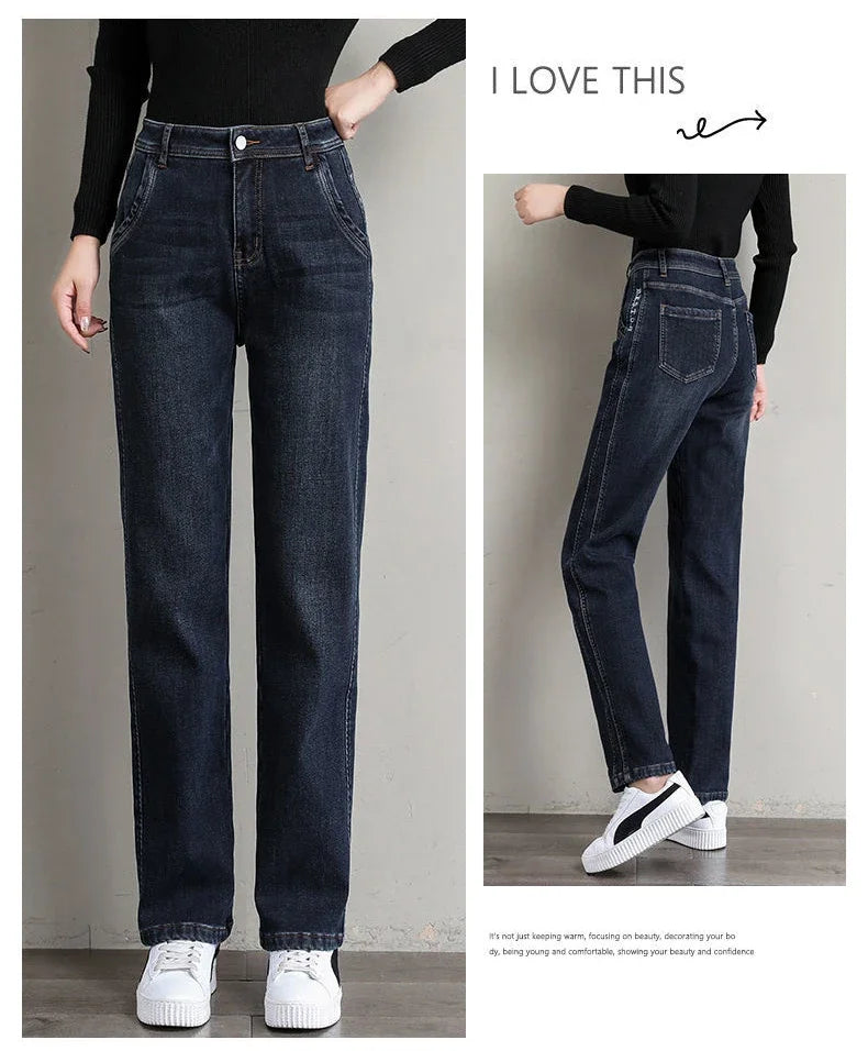 New Winter Classic High Waist Fleece Jeans for Women