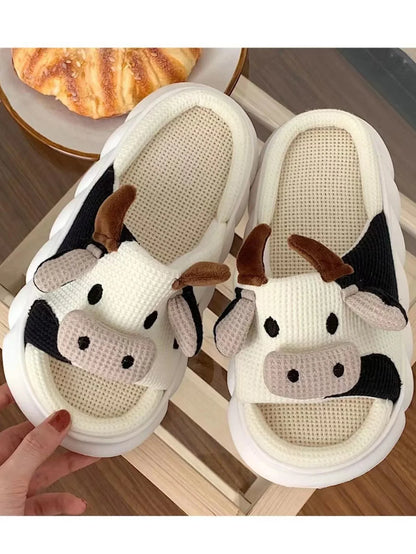 Rutschfeste, süße Leinen-Hausschuhe mit Cartoon-Kuh-Motiv