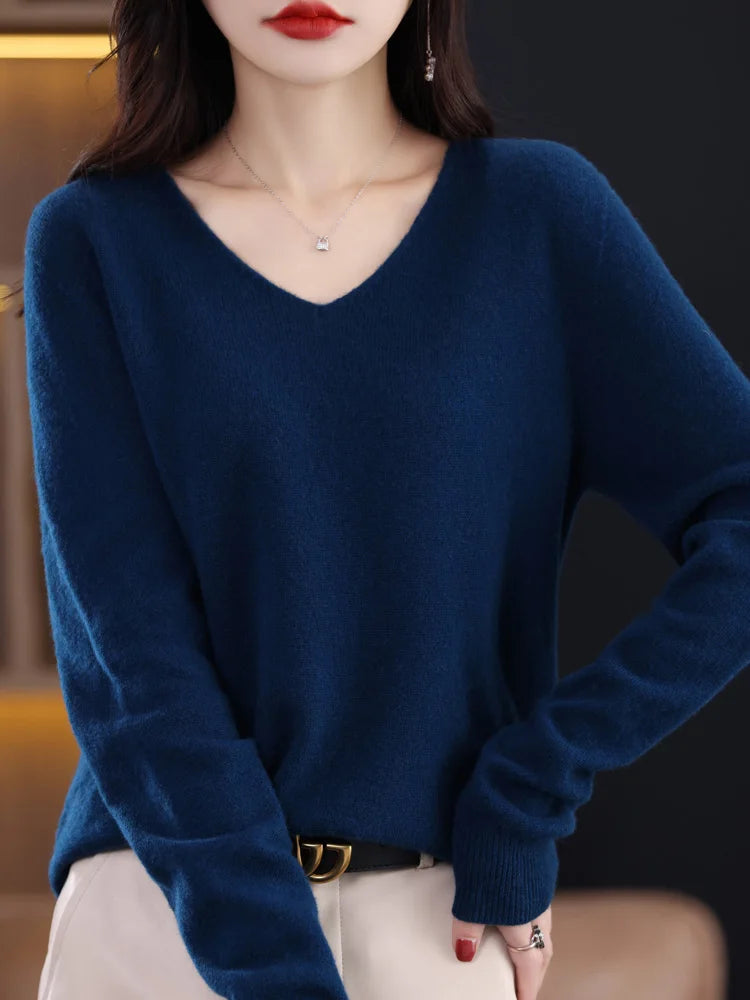 Aliselect Women's V-Neck Merino Wool Sweater