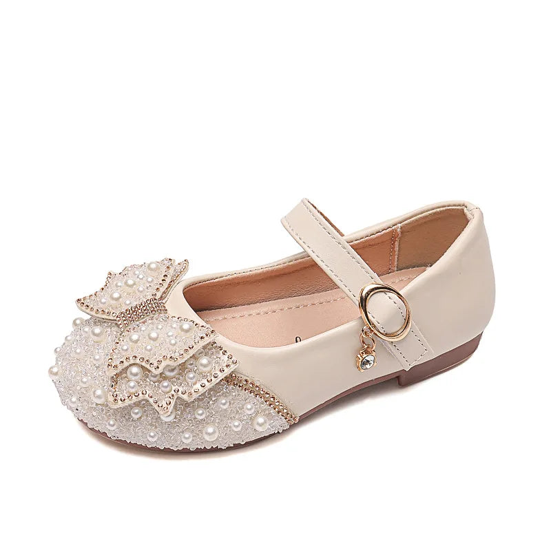 Chaussures de princesse à strass et nœud en perles pour petites filles