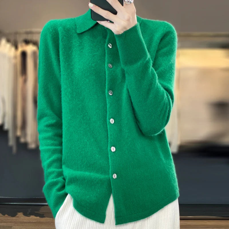 Cardigan à col polo en laine mérinos pour femme