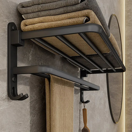 Matte Black 50CM Folding Towel Holder with Hook - Wall Mount