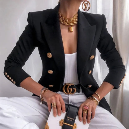 Women's Slim Elegant Double Breasted Metal Lion Buttons Blazers