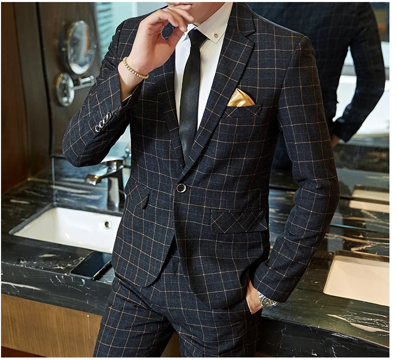 Men's Casual One-Button Plaid Two-Piece Set