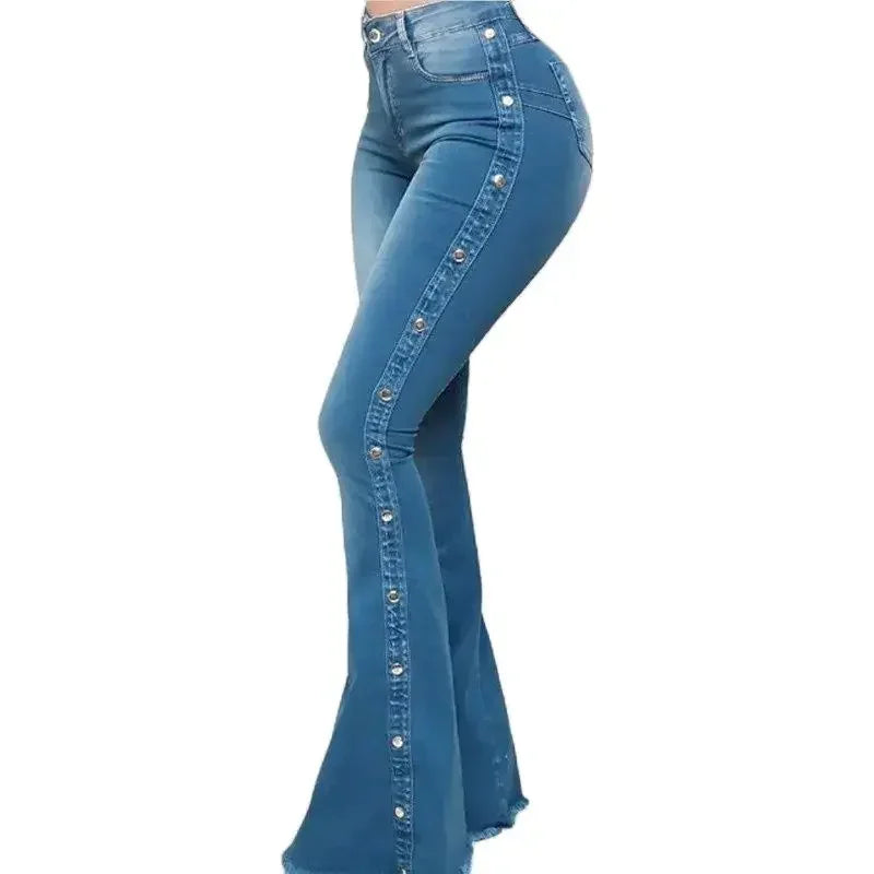 Chic Flared Jeans with Studded Buckle Detail