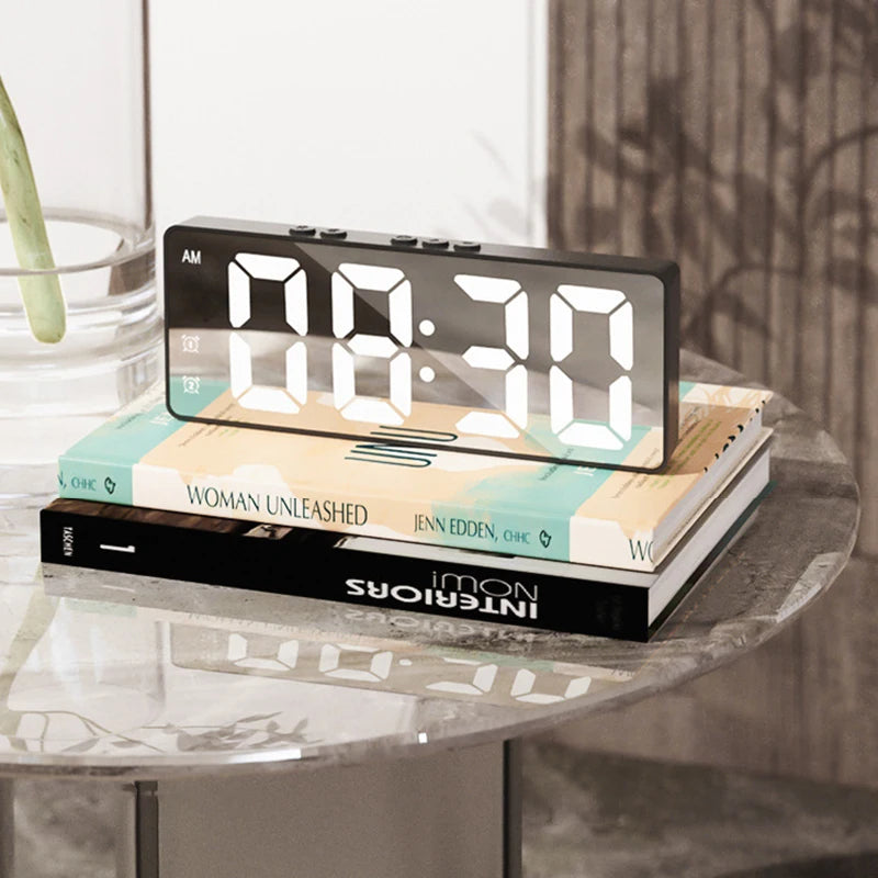 LED Mirror Table Clock with Digital Alarm & Snooze