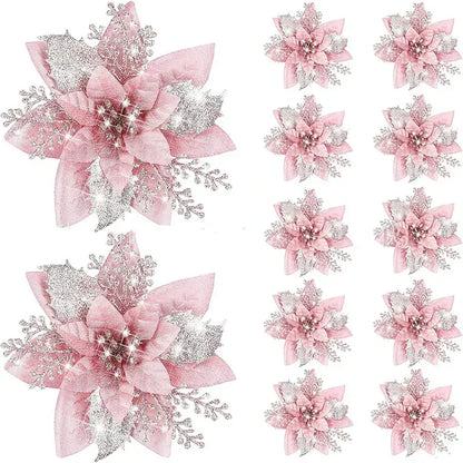 Lot de 5 fleurs artificielles de Noël à paillettes pour sapin