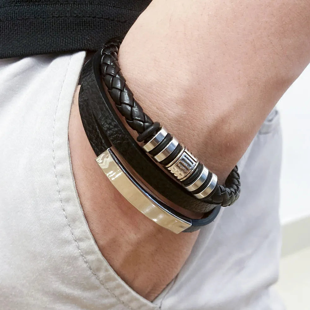 Bracelets en cuir et acier inoxydable pour hommes