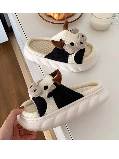 Rutschfeste, süße Leinen-Hausschuhe mit Cartoon-Kuh-Motiv