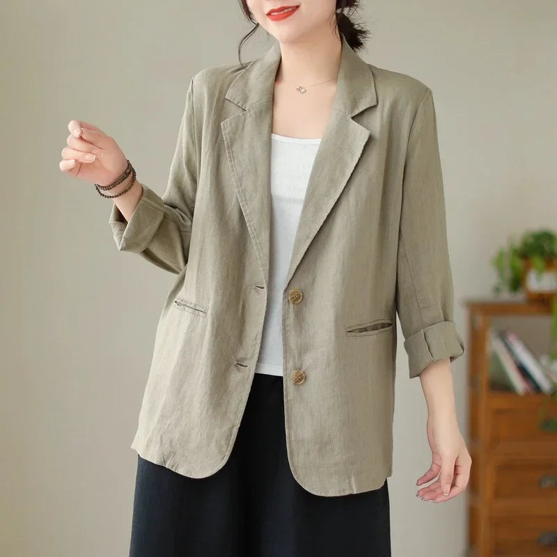 Blazer d'été à manches longues en coton et lin d'inspiration vintage avec col à revers