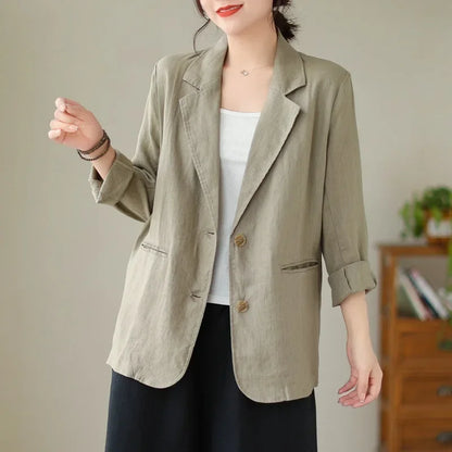 Blazer d'été à manches longues en coton et lin d'inspiration vintage avec col à revers