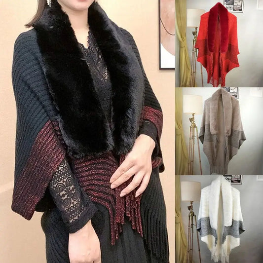 Fashion Knitting Thick Shawl with Faux Fur Collar