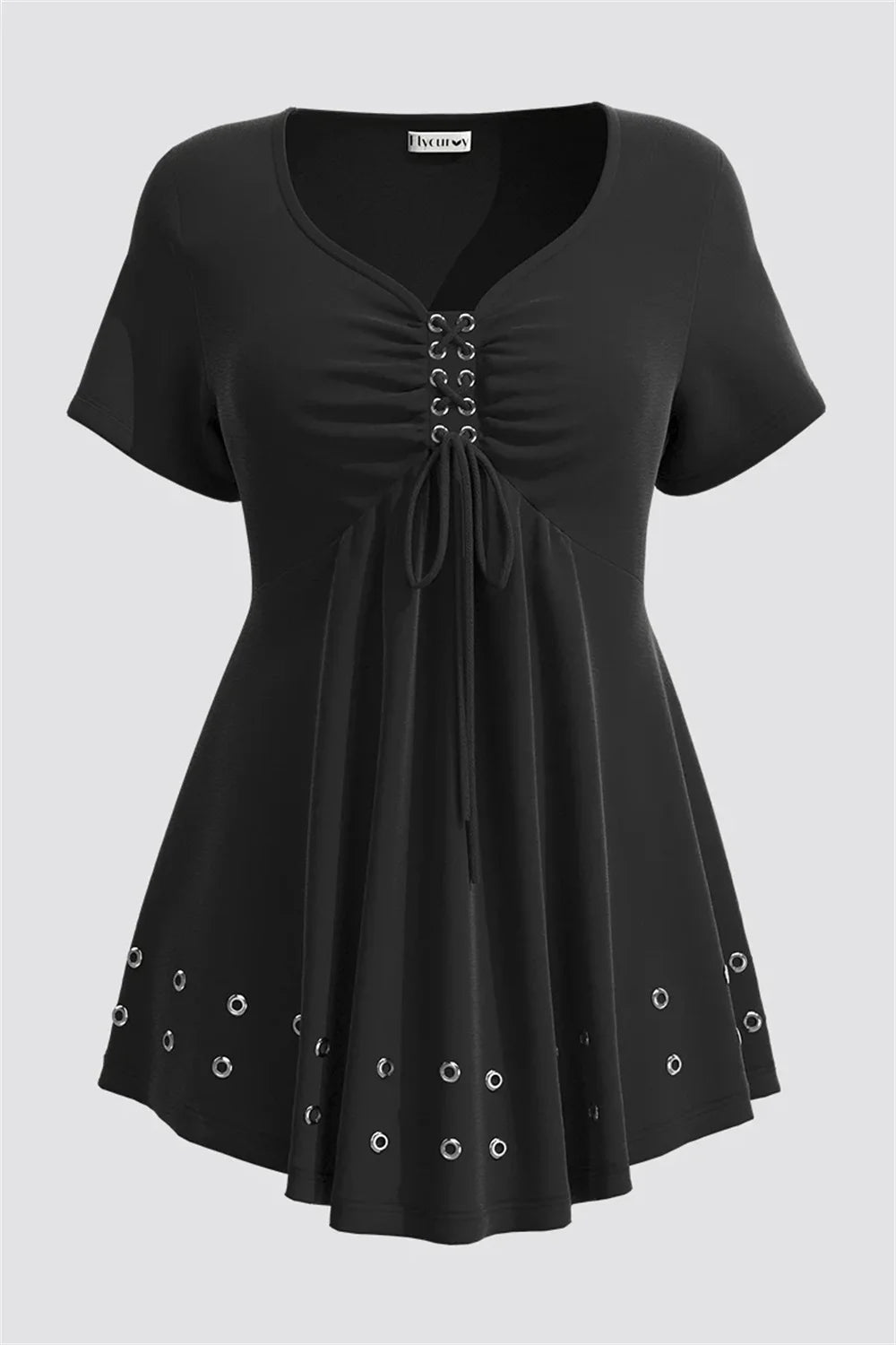 Plus Size V-Neck Lace-Up Ruffled Tee