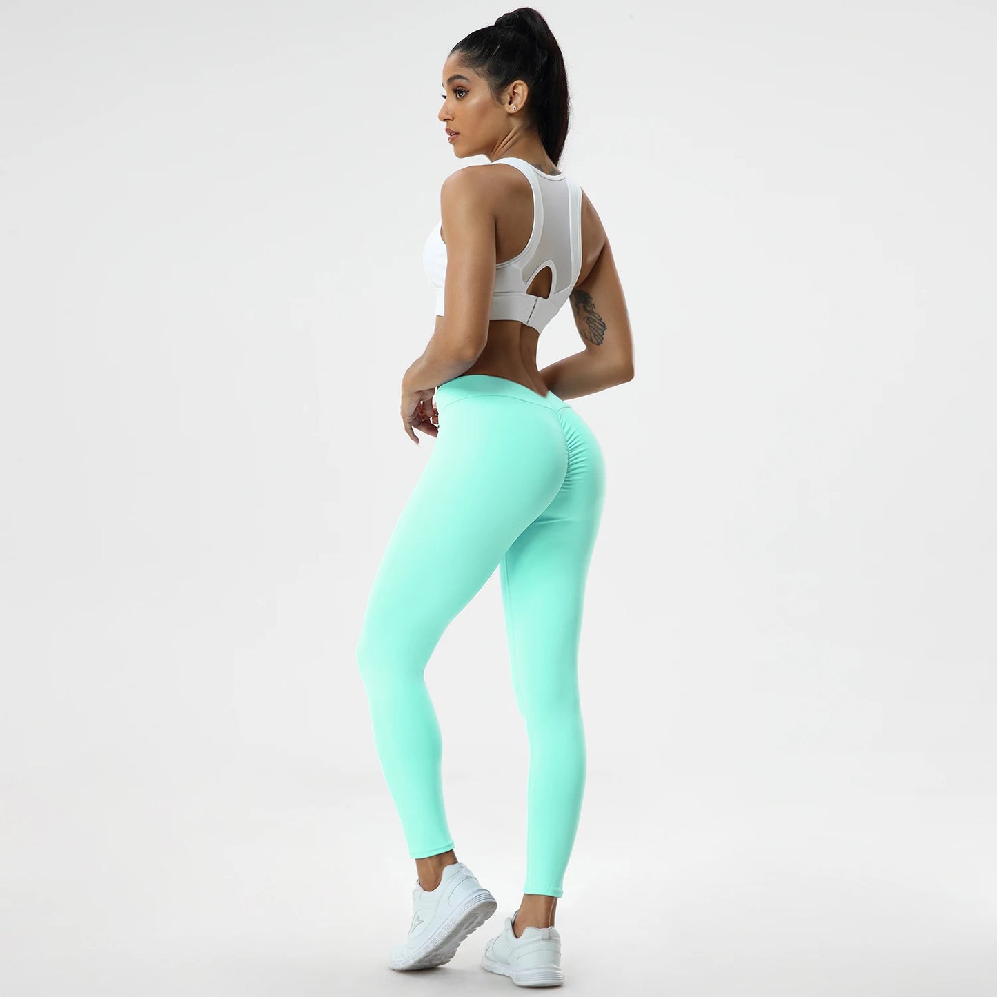 Nahtlose Gym-Leggings mit hoher Taille und einfarbigem V-Ausschnitt zum Laufen im Freien