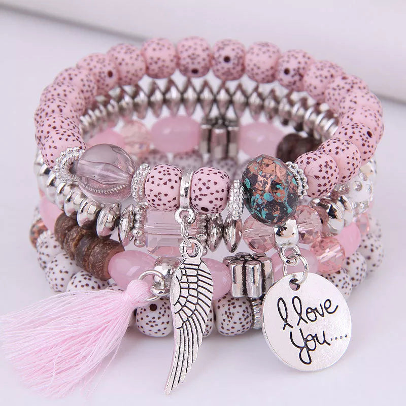 Elastic Multicolor Crystal Beads Bracelet Tassel Wing Letters