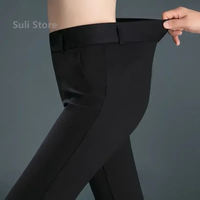 Elastic Mid Waist Straight Trousers for Women