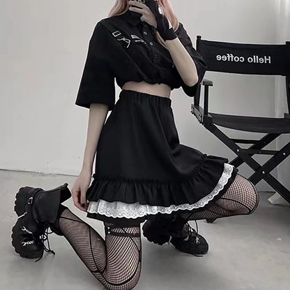 Goth Lace Ruffle Mini Pleated Skirt