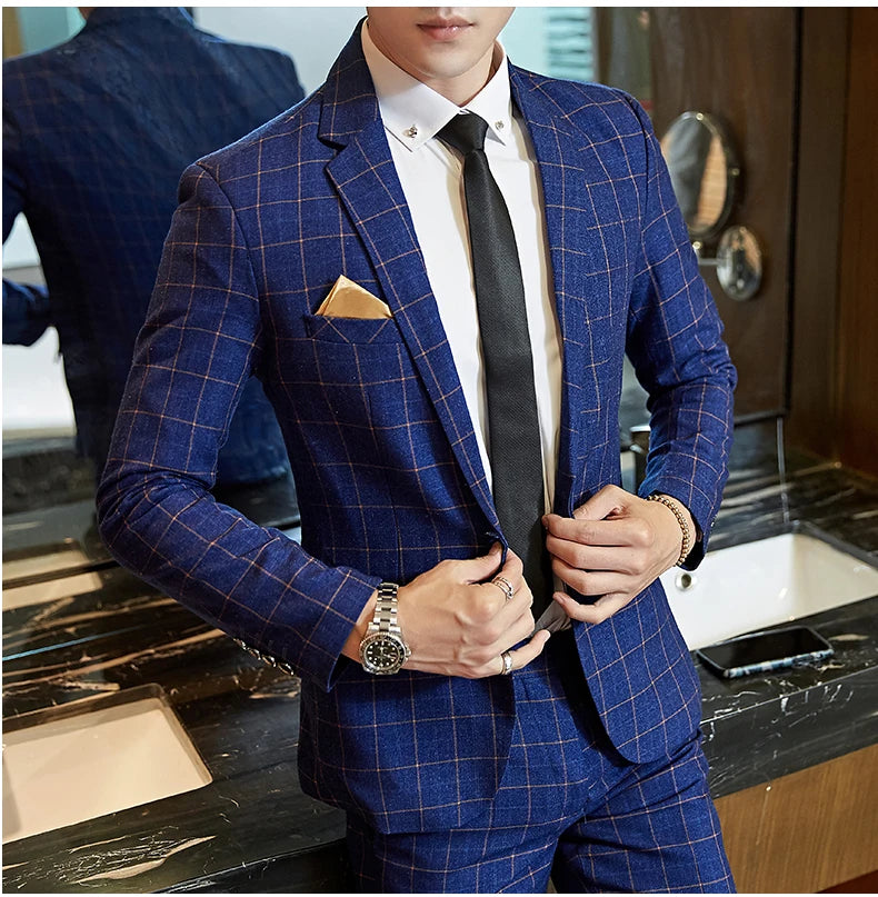 Men's Casual One-Button Plaid Two-Piece Set