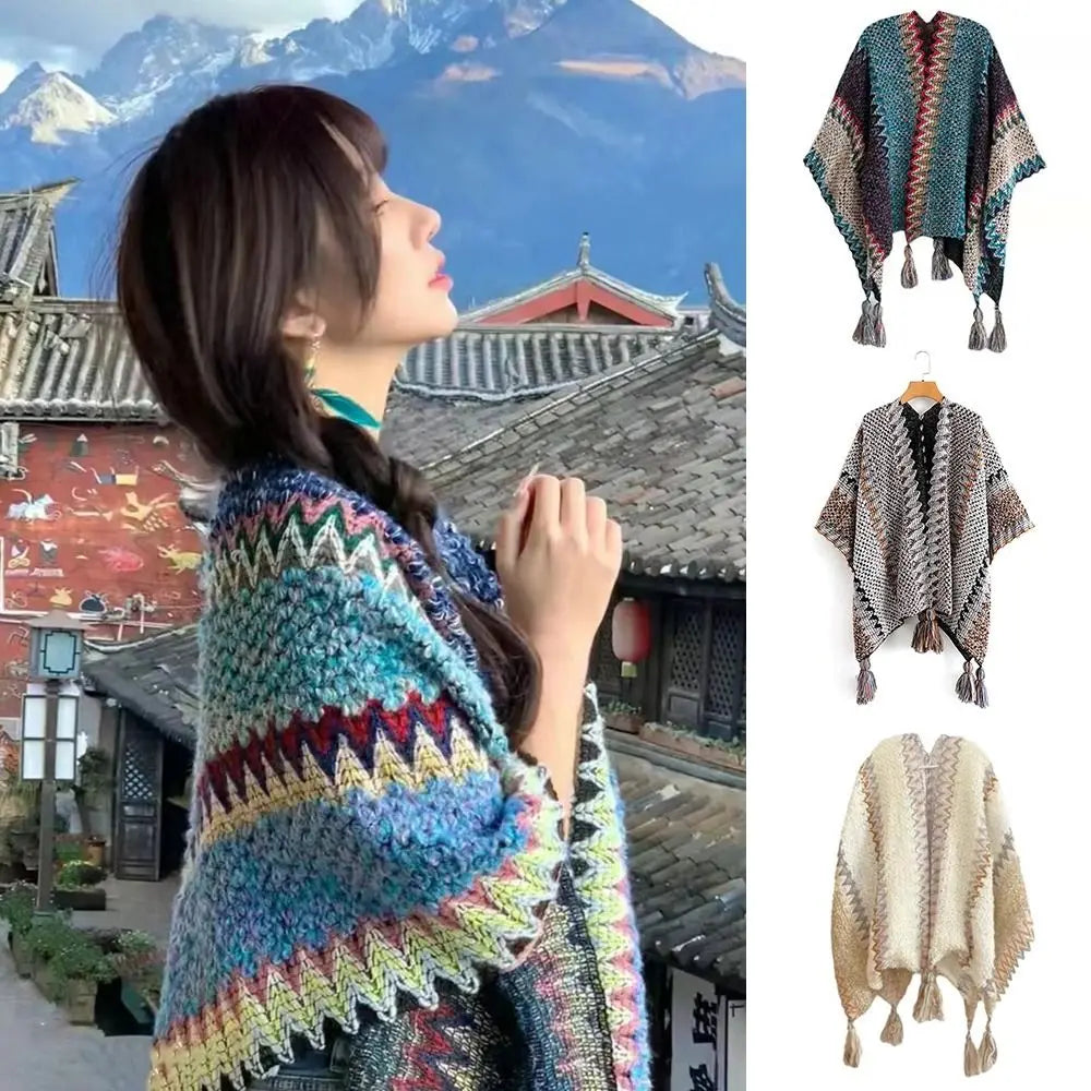 Ethnic Style Mongolian Knitted Poncho for Winter