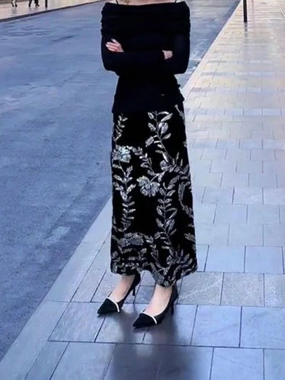 Vintage Elastic Waist Sequin Maxi Skirt