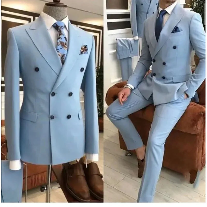 Sky Blue Double Breasted Suit for Men