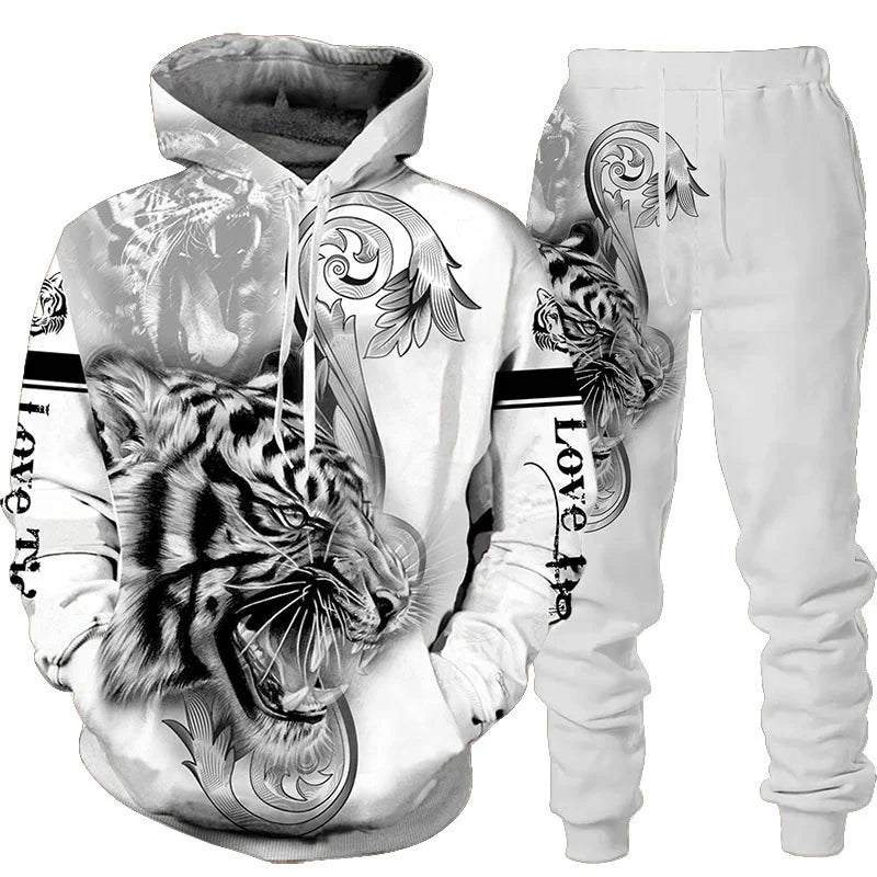 Set aus Kapuzenpullover und Hose mit 3D-Tiger-Print