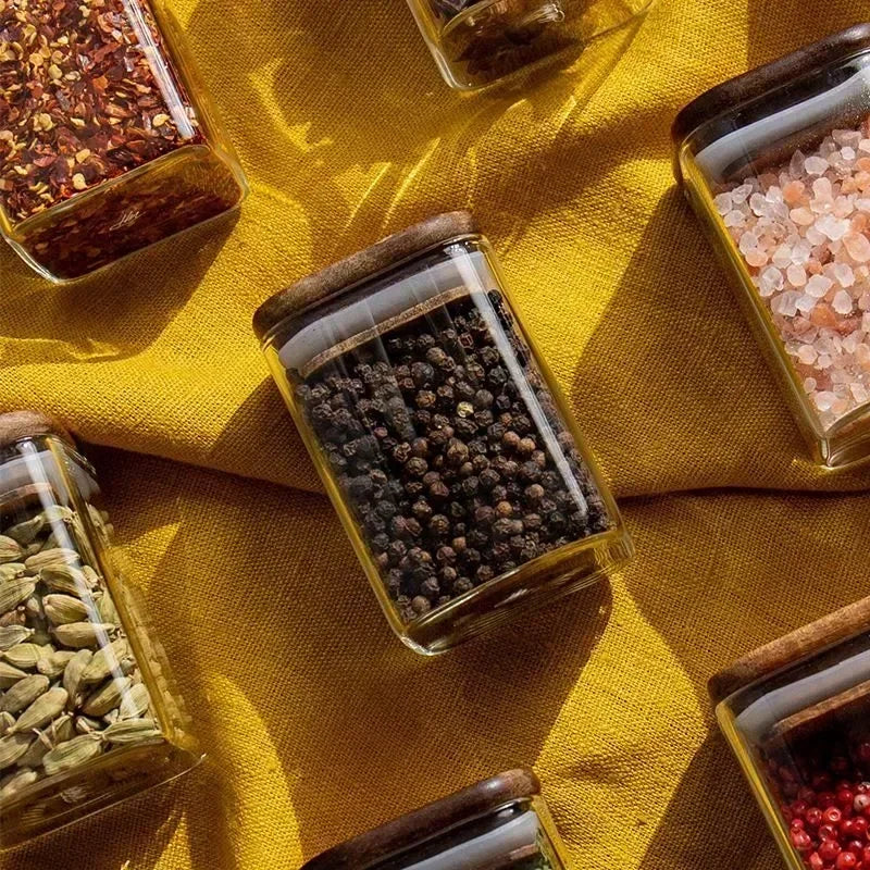 Acacia-Covered Square Glass Spice Jars