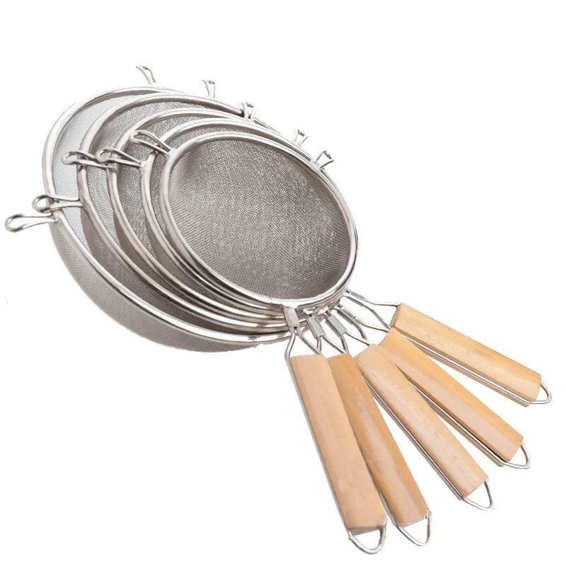 Crépines en acier inoxydable, cuillère, Mini filtre, presse-agrumes, filtre, passoire à mailles pour la cuisson et la friture, manche en bois