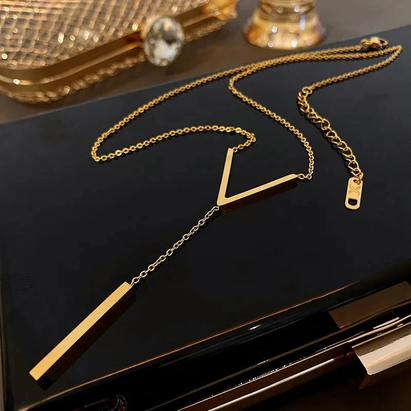 Ladies' Stainless Steel V-Shape Stick Pendant Long Chain Necklace