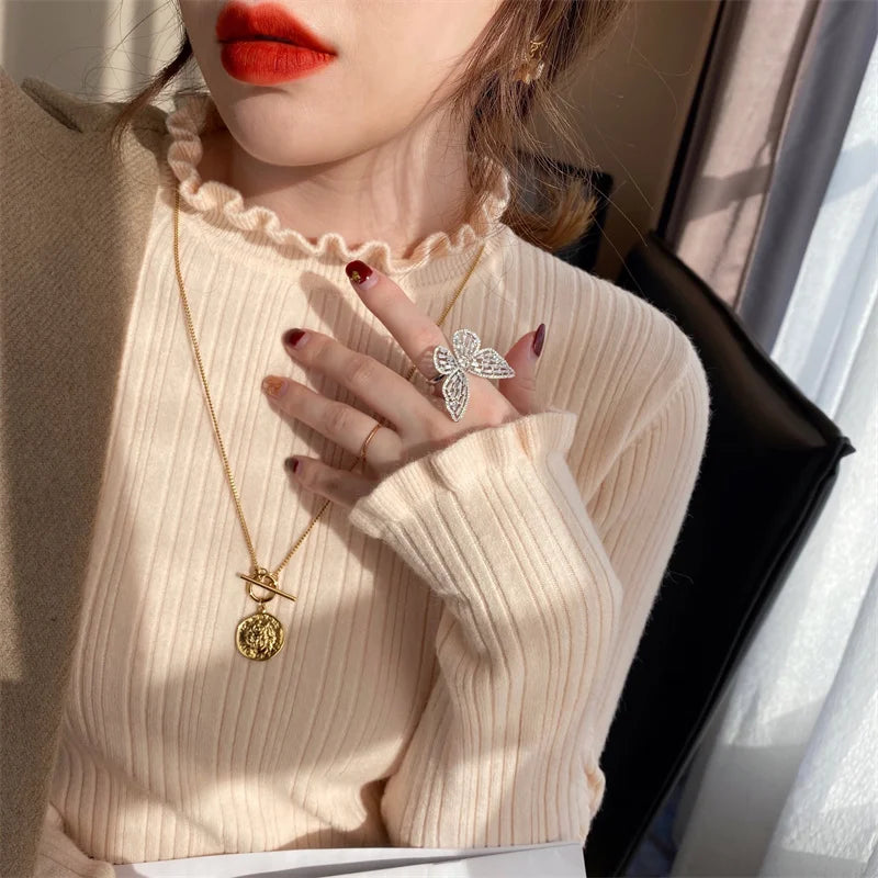 Long Sleeve Slim Elastic Knitted Women's Mock Neck Sweater