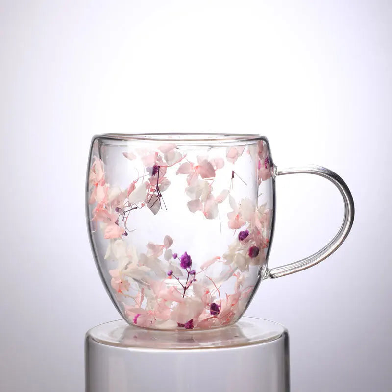 Tasse en verre double couche avec motif de vraies fleurs