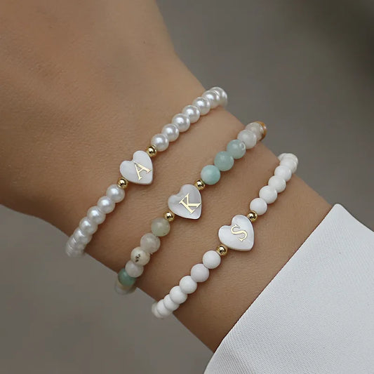 Heart A-Z Initial Stone Bracelet Handmade Women's Jewelry