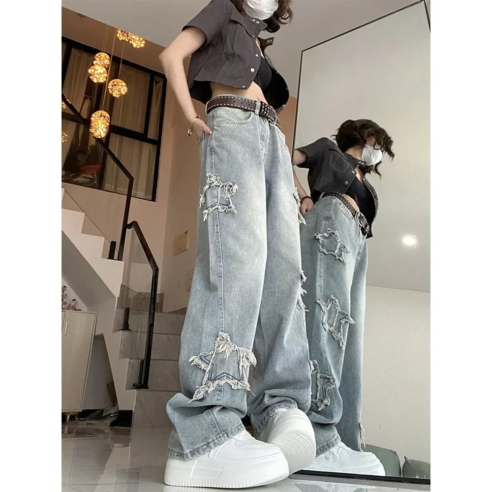 Retro Star Blue Wide-Leg Jeans for Women