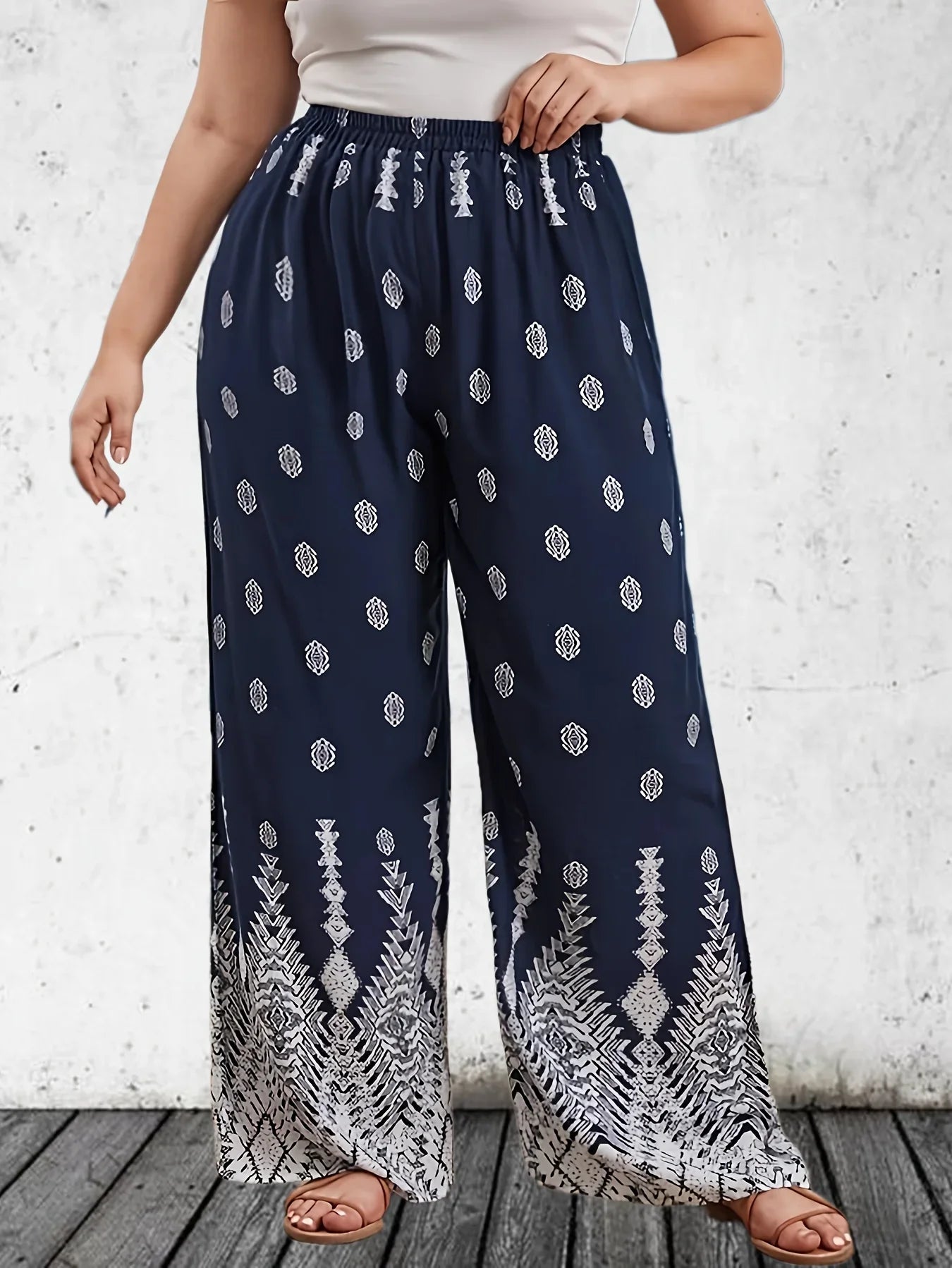 Plus Size Printed Wide Leg Casual Pants