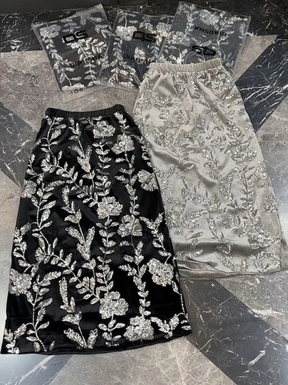 Vintage Elastic Waist Sequin Maxi Skirt