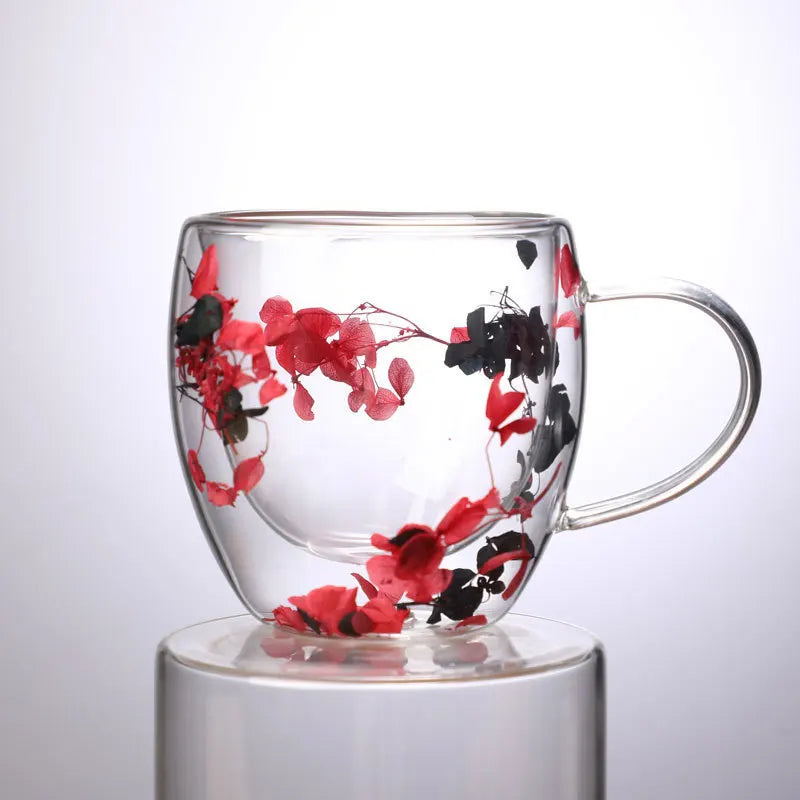 Tasse en verre double couche avec motif de vraies fleurs