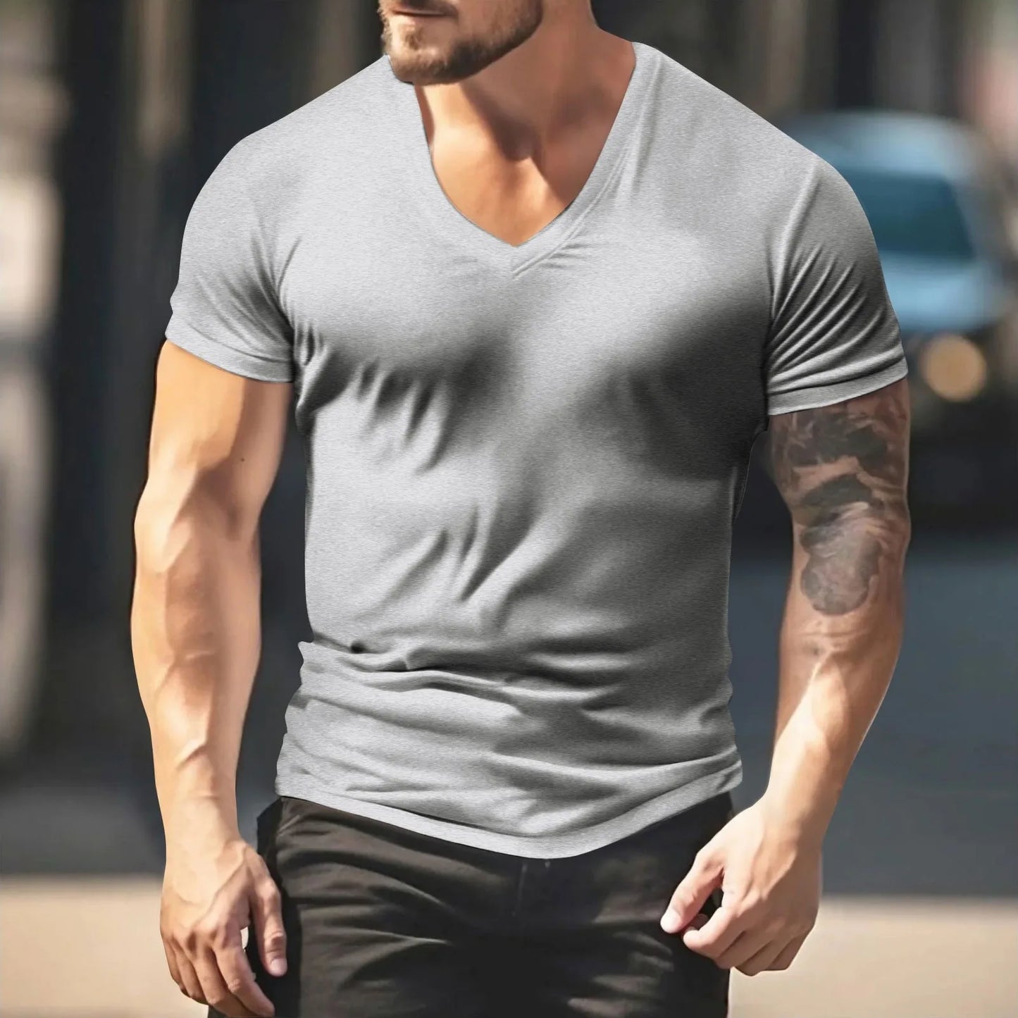 Men's Solid Color T-shirts - Short Sleeve V Neck Streetwear