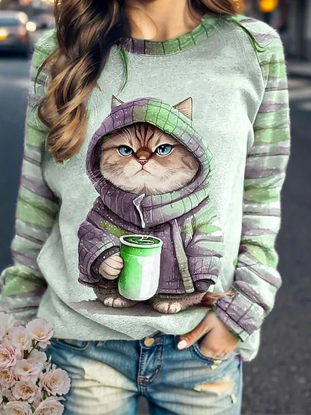 Funny Cat Print Cotton T-Shirts Cute Long Sleeve Sweatshirts