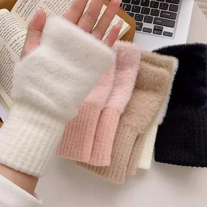 Gants d'hiver chauds en polaire de vison tricotés en peluche doux à demi-doigts pour femmes