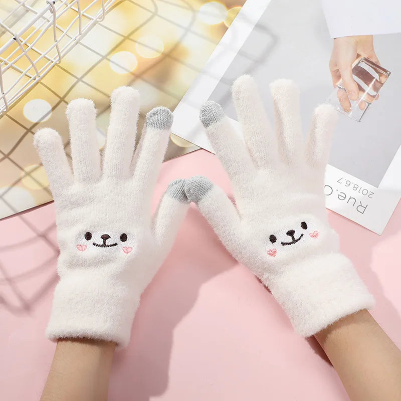 Smiley Bear Embroidered Touchscreen Gloves for Women