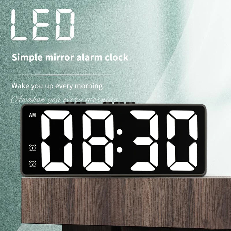 LED Mirror Table Clock with Digital Alarm & Snooze